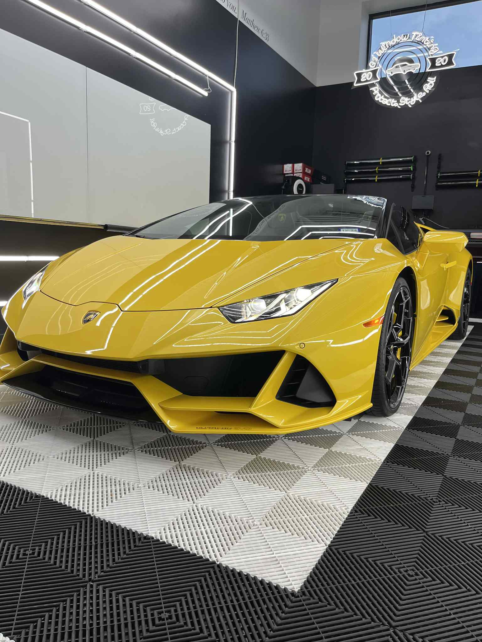 Yellow Lamborghini with premium window tinting at G1 Window Tinting Austin